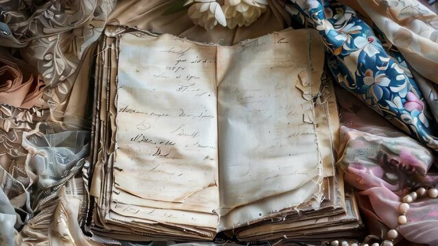 An old journal with pearls and soft fabric around