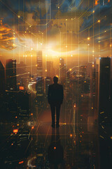 An ambitious business person stands at the forefront of a futuristic cityscape 