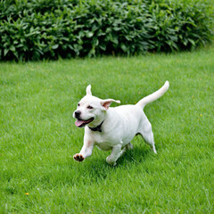 Happy pet dog playing on green grass lawn in full length portrait on summer day