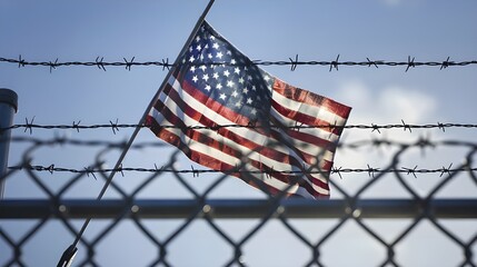 USA flag behind barbed wire fence. Illegal immigration and security in United States. 3D rendered illustration, USA flag behind barbed wire fence. Illegal immigration and security Ai generated 
