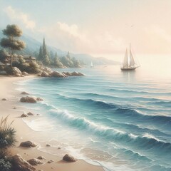 Paint a calming seascape with soft, pastel hues capturing the tranquility of coastal scenes, mirroring the desire for relaxation and escapism. - obrazy, fototapety, plakaty