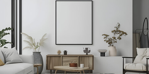 
Modern cozy mock up and decoration furniture of living room and empty canvas frame on the white wall texture background