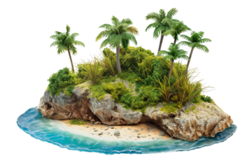 A small island with a beach and tropical trees isolated on a transparent background. Summer vacation and travel idea concept