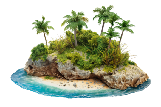 A small island with a beach and tropical trees isolated on a transparent background. Summer vacation and travel idea concept