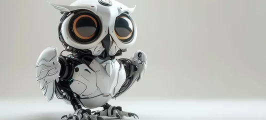 Stoff pro Meter A robot owl with blue eyes stands on a white background. The robot owl is made of metal, has a mechanical appearance. Concept of innovation, technology. character 3d model robotic owl with large eyes © Nataliia_Trushchenko
