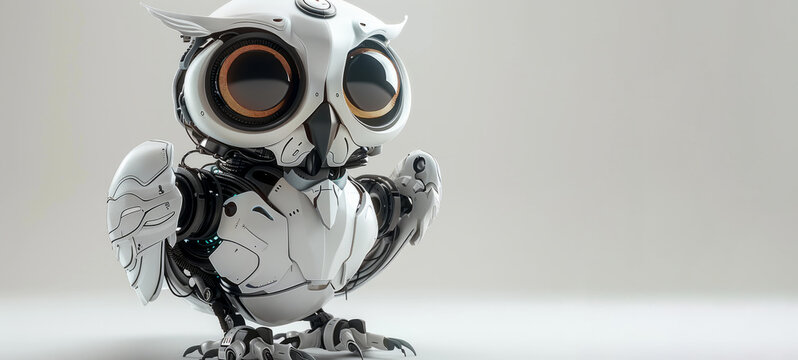 A robot owl with blue eyes stands on a white background. The robot owl is made of metal, has a mechanical appearance. Concept of innovation, technology. character 3d model robotic owl with large eyes