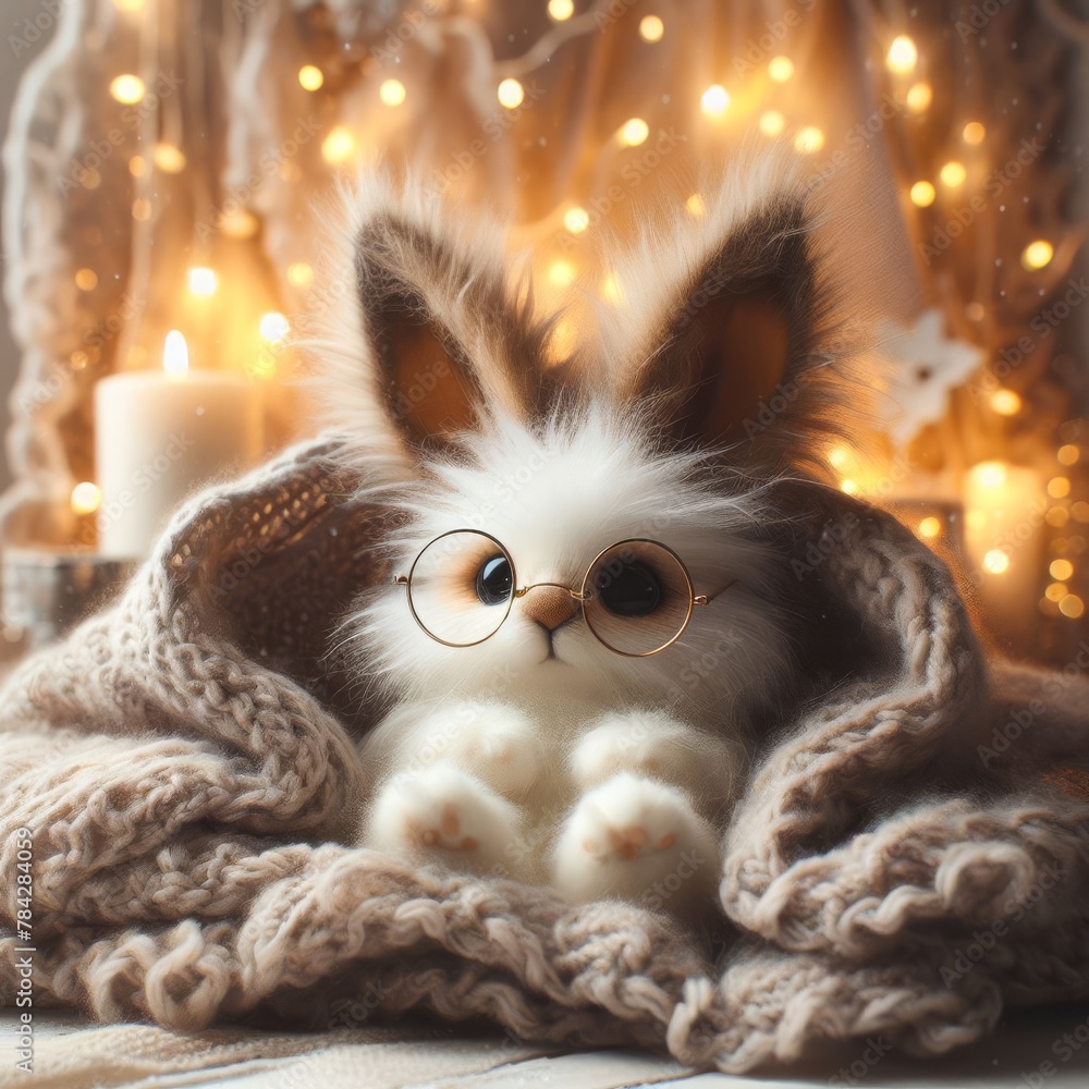 Poster an adorable fluffy kitten with big eyes and spectacles snuggled in a knitted blanket with warm bokeh