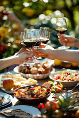 Fototapeta premium Hands raising wine glasses in a sunny outdoor feast with friends.
