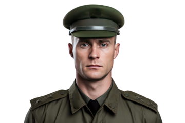 Male soldier wearing military uniform , Isolated on transparent background.