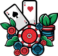 The logo or print of playing cards and chips
