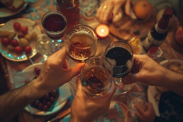 Celebration moment with hands holding beer, wine, and cola, toasting in a friendly family setting