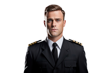 Male pilot wearing pilot uniform, Isolated on transparent background.