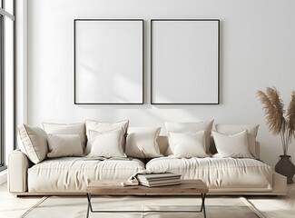 mockup of two empty black picture frames on the wall above a white sofa in an elegant living room