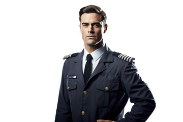 Male pilot wearing pilot uniform, Isolated on transparent background.