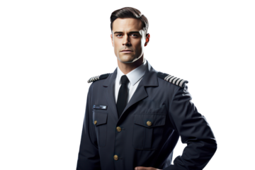 Male pilot wearing pilot uniform, Isolated on transparent background.