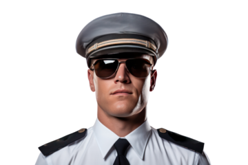 Male pilot wearing pilot uniform, Isolated on transparent background.