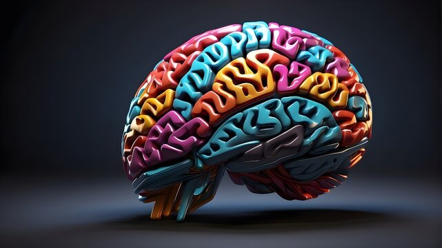 3D picture of a creative bright, dark, and colourful brain on a dark background for generating and creating powerful ideas