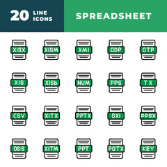 File type spreadsheet set. document format files icons with a combination of outline and color.