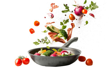 Vegetables fall into a black frying pan on a transparent background. Healthy food concept