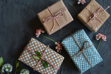 Photo of multiple wrapped gifts with brown kraft paper and blue polka dot pattern. Ai generated