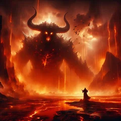 Fotobehang A colossal demonic figure with glowing eyes emerges from a lava-filled landscape as a lone summoner stands before it.. AI Generation © Anastasiia