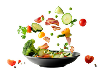 Vegetables fall into a black frying pan on a transparent background. Healthy food concept