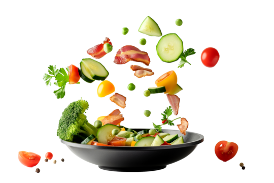 Vegetables fall into a black frying pan on a transparent background. Healthy food concept