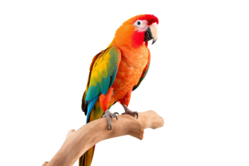 Single multi-colored parrot Perched on a wooden perch, Isolated on transparent background.