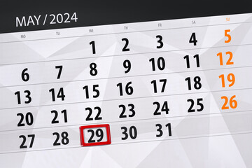 Obraz premium Calendar 2024, deadline, day, month, page, organizer, date, May, wednesday, number 29