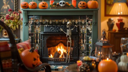 Traditional Halloween mantle with pumpkins and skeletons, ideal for festive interior design inspiration.