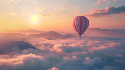 Serene Sunrise View with Hot Air Balloon Soaring Over Sea of Clouds