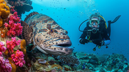 Diver capturing a close-up of a giant grouper fish beside a vibrant coral reef teeming with marine life - obrazy, fototapety, plakaty