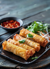 Deep fried spring rolls and  sweet and sour sauce. Oriental dish