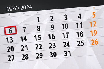 Calendar 2024, deadline, day, month, page, organizer, date, May, monday, number 6