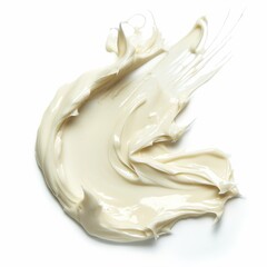 A dollop of thick, creamy substance artistically swirled on a white background.