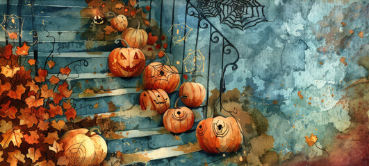 Autumnal scene with Halloween pumpkins on steps, a charming choice for harvest festival designs. - obrazy, fototapety, plakaty