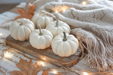 Cozy fall setting with various pumpkins, soft lighting, and a knitted blanket.