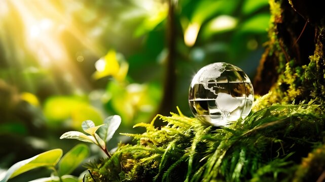 glass globe with green grass, Globe On Moss In Forest - Earth day concept, Environmental Concept