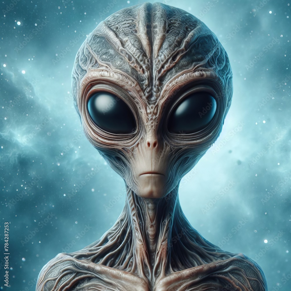Poster a lifelike 3d render of an alien with large black eyes against a starry space backdrop.. ai generati