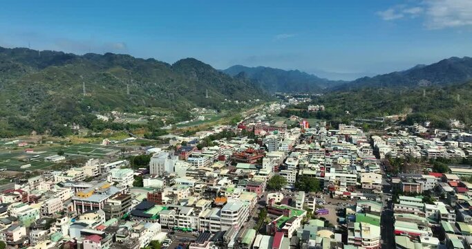 Top view of the strawberry field and village in Dahu in Miaoli of Taiwan