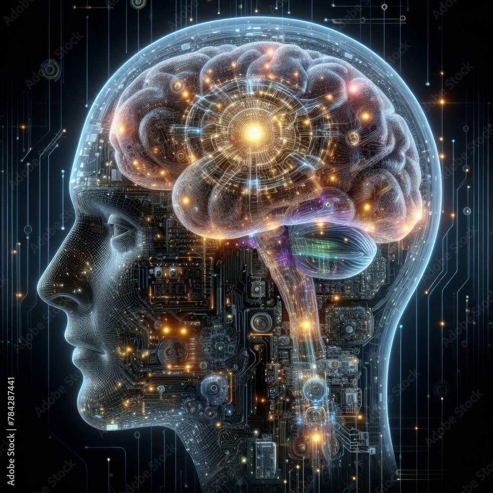 Poster a conceptual digital artwork combining a human head silhouette with an intricate brain and circuitry