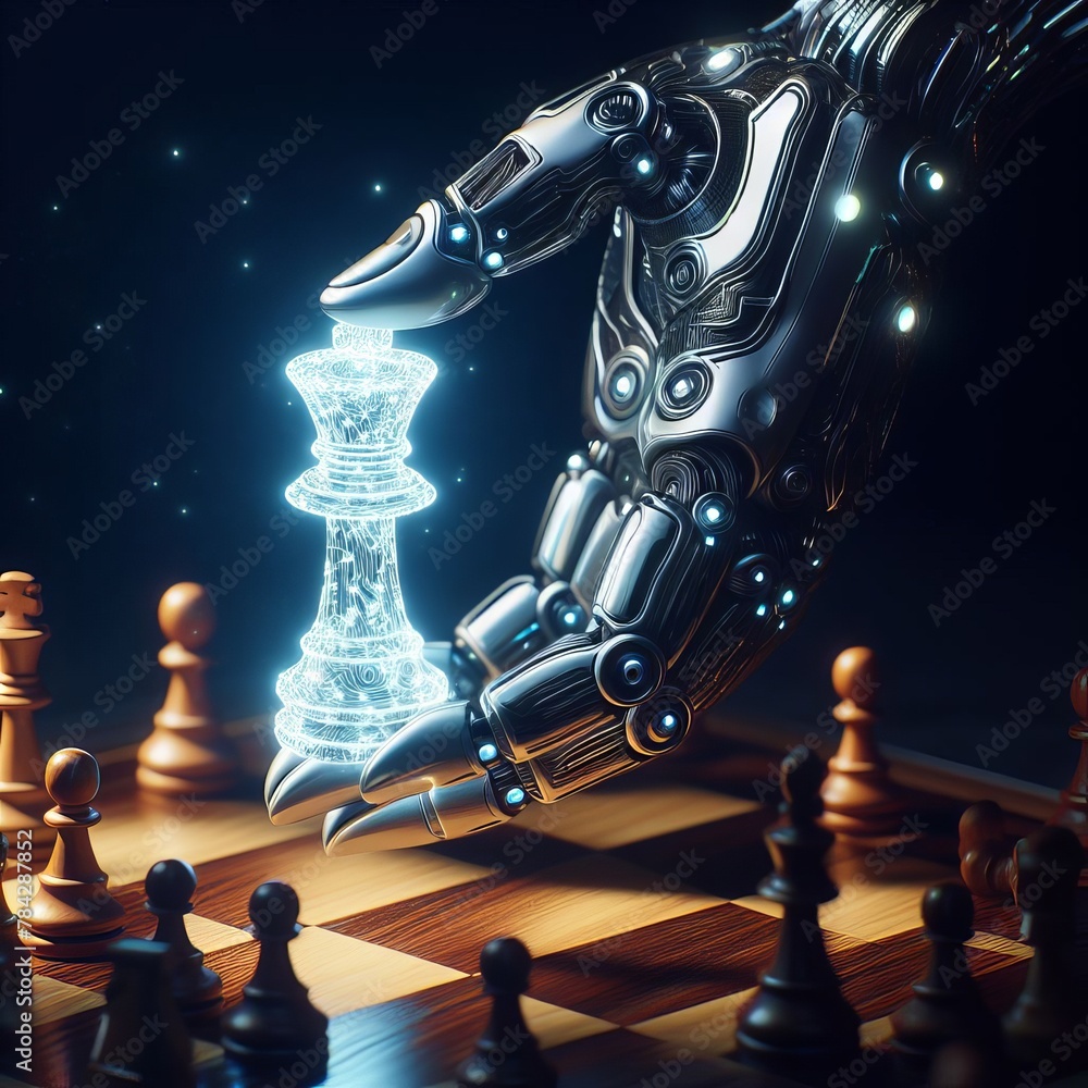 Poster a futuristic robotic hand playing chess, with a glowing queen piece, symbolizing strategy and artifi