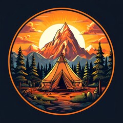 Campfire and tent as camping vacation illustration in