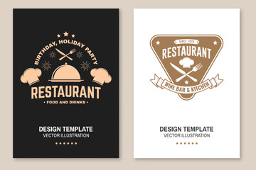 Restaurant poster design. Vector Illustration. Vintage graphic design for logotype, label, badge with chef hat, fork and knife. Cooking, cuisine logo for menu restaurant or cafe. - 784288493