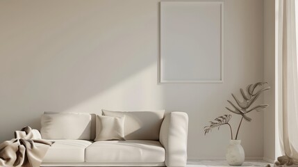 A living room with a white couch and a plant