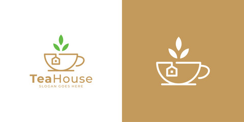 Creative Tea House Logo. Green Tea and House Logo with Linear Outline Style. Herbal Tea Logo Icon Symbol Vector Design Inspiration.