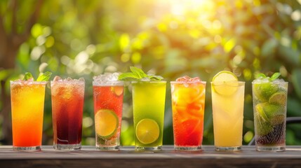 Fototapeta premium Lineup of vibrant summer drinks, ideal for seasonal beverage promotions or menu visuals.