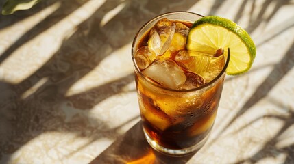Glass of iced tea in sunlight, captures a relaxed, refreshing afternoon ambiance.