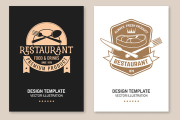Restaurant poster design. Vector Illustration. Vintage graphic design for logotype, label, badge with steak, fork and knife. Cooking, cuisine logo for menu restaurant or cafe. - 784288829