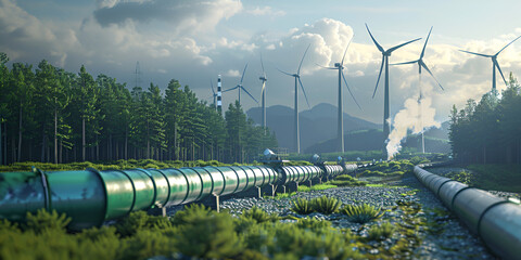 Green hydrogen pipeline wind turbines in modern style. Modern for concept design. Green energy production. Electricity equipment. 